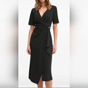 DKNY Black Midi Faux Wrap Dress